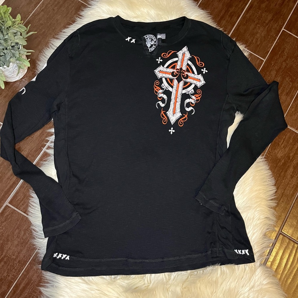 Affliction black thermal ribbed long sleeved tee sz 2X
